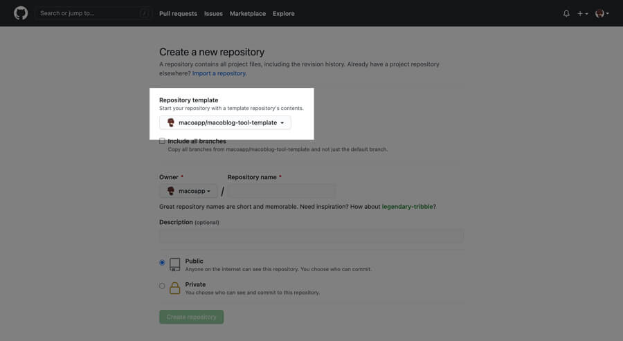 【GitHub】テンプレートリポジトリの使い方その②（「New」から「Repository template」を選択して作成）